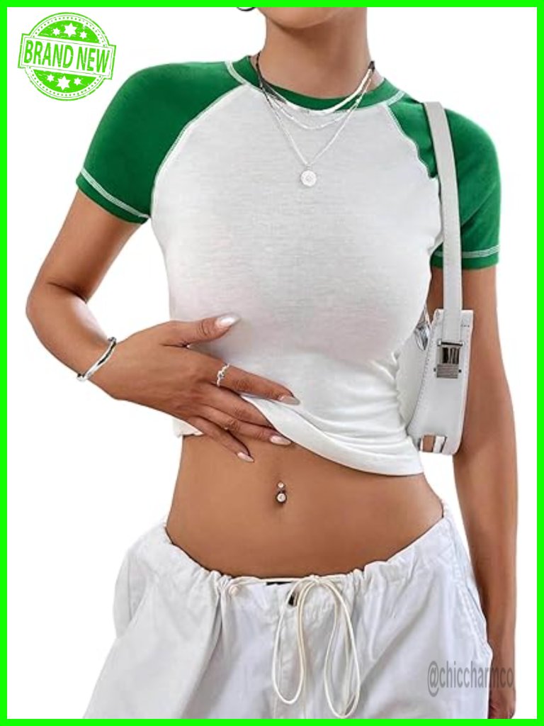 Colorblock Raglan Baby Tee Crop Top Short Sleeve Casual T-Shirt